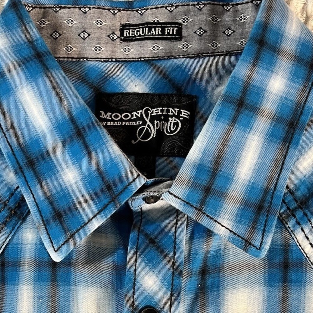 Moonshine Spirit Western Shirt Mens L Blue Plaid Pearl Snap Brad Paisley Regular
